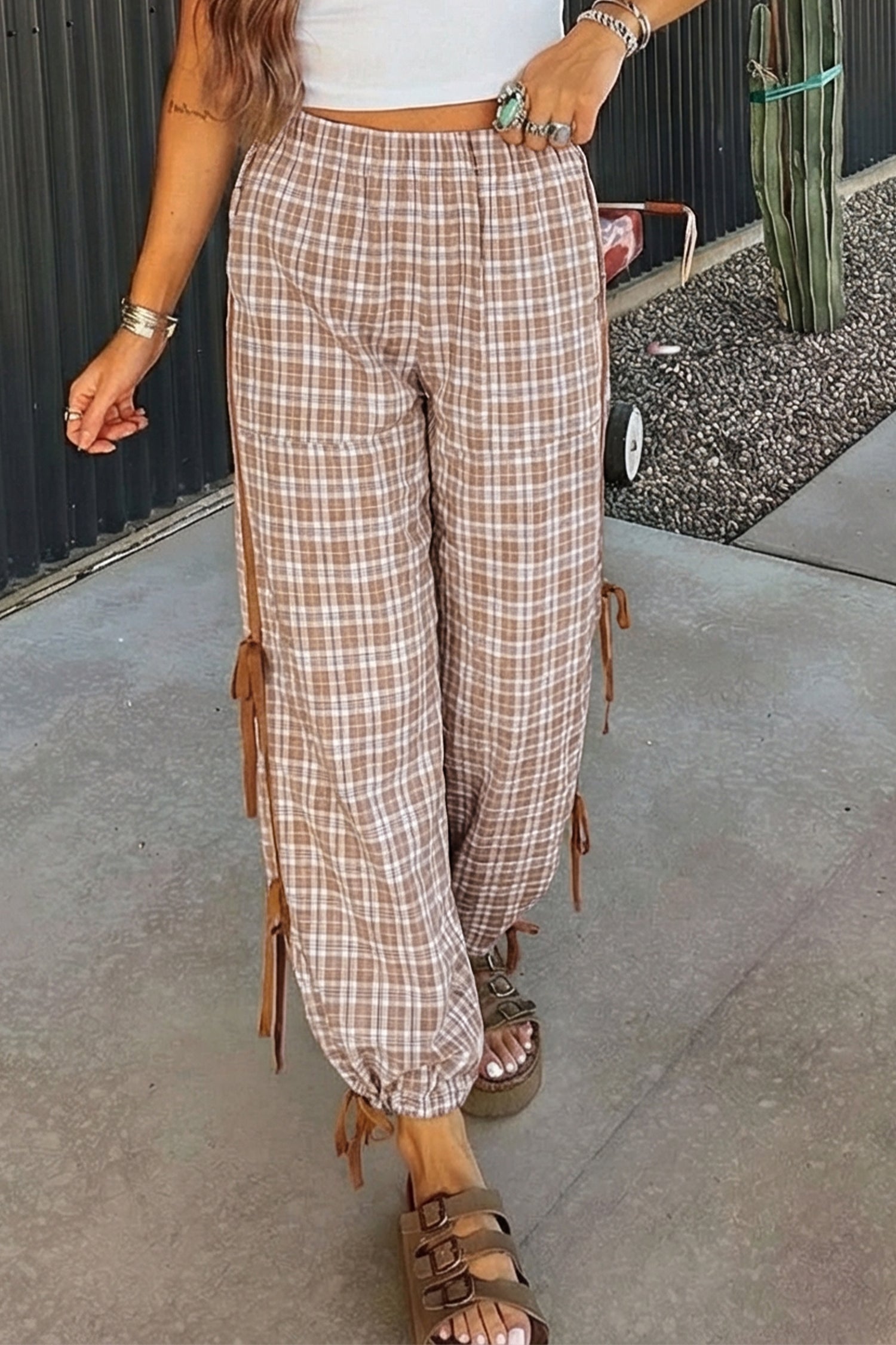 Plaid Bow Tie Contrast Elastic Waist Jogger Pants