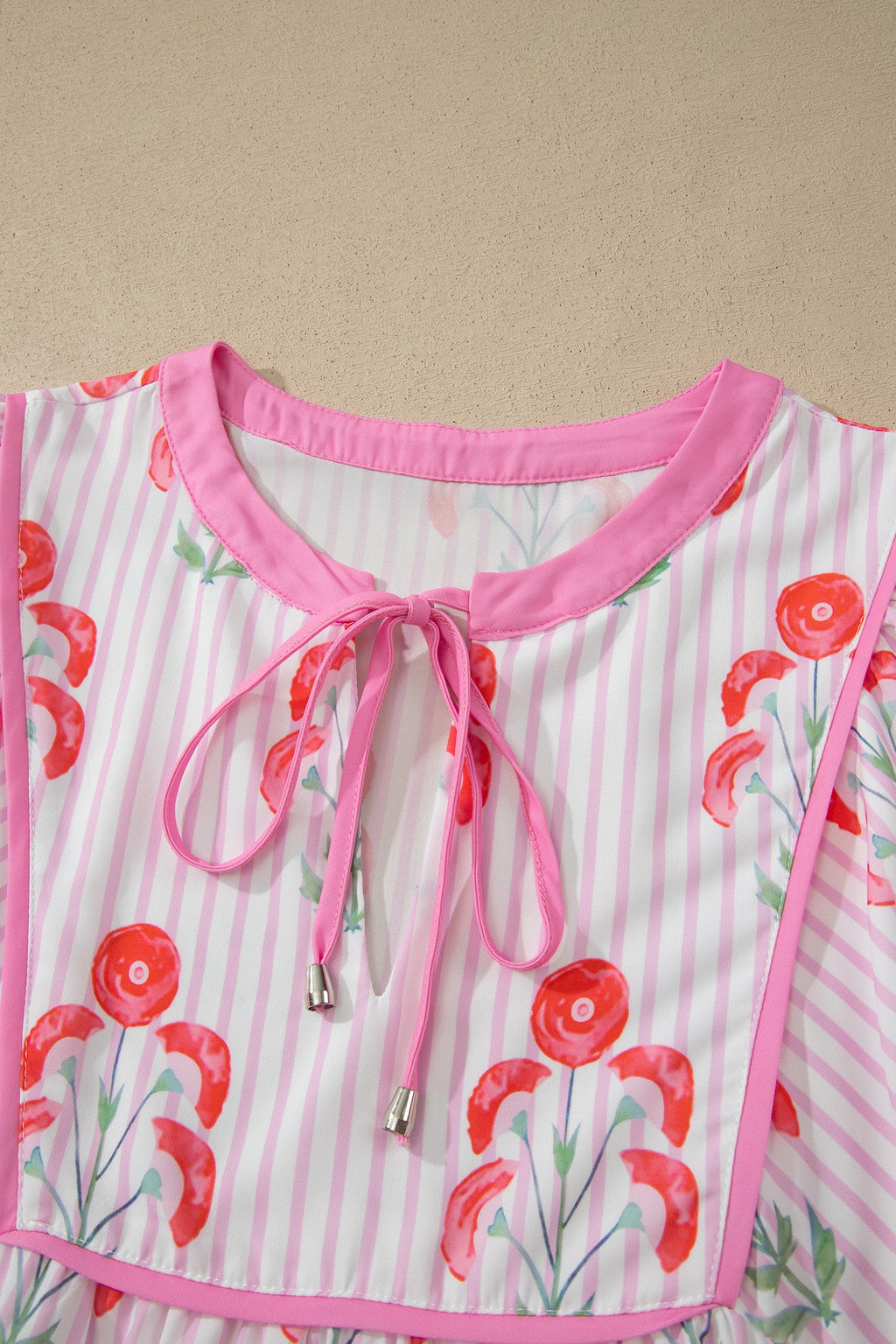 Floral Stripe Tie Neck Puff Sleeve Mini Dress
