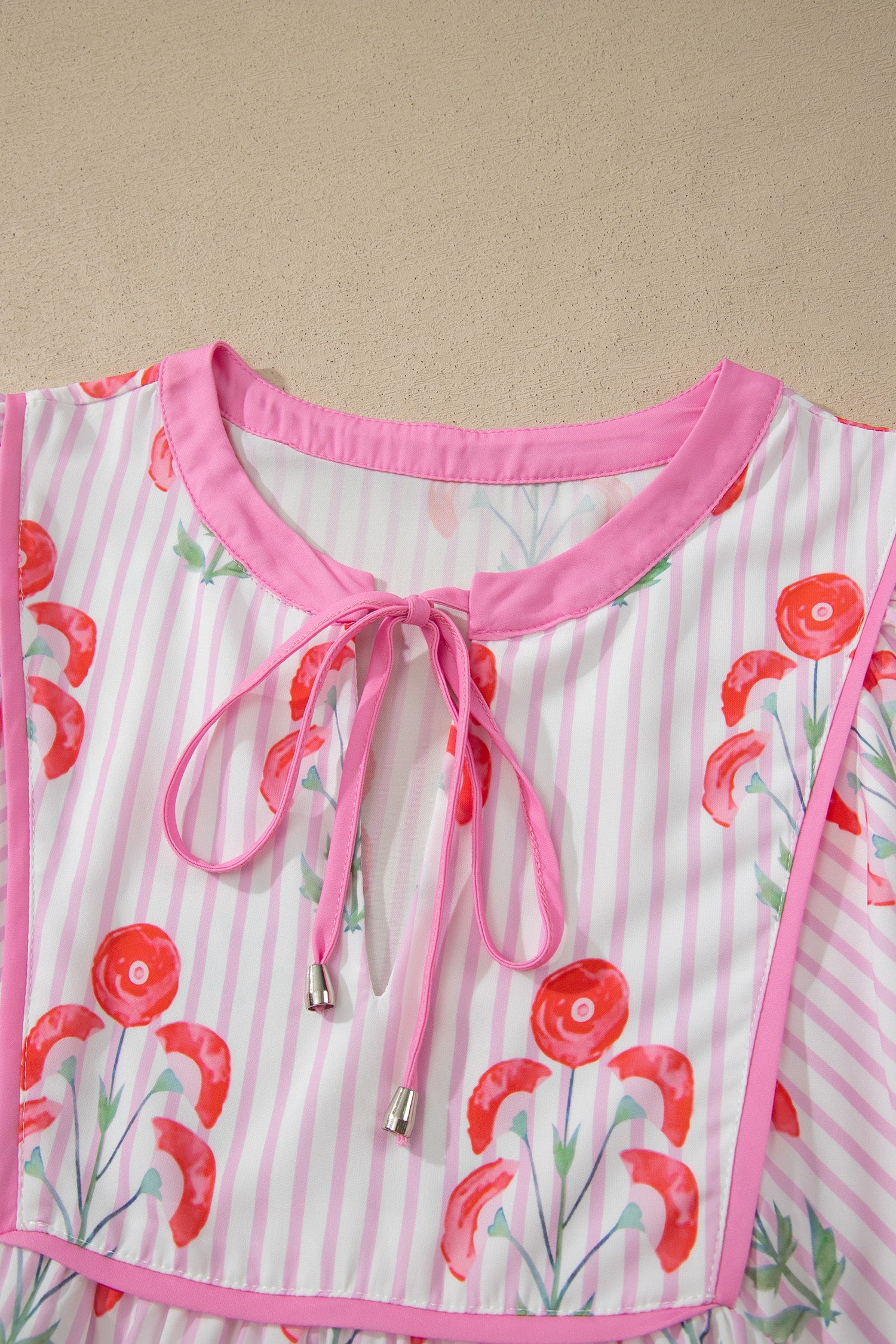 Floral Stripe Tie Neck Puff Sleeve Mini Dress