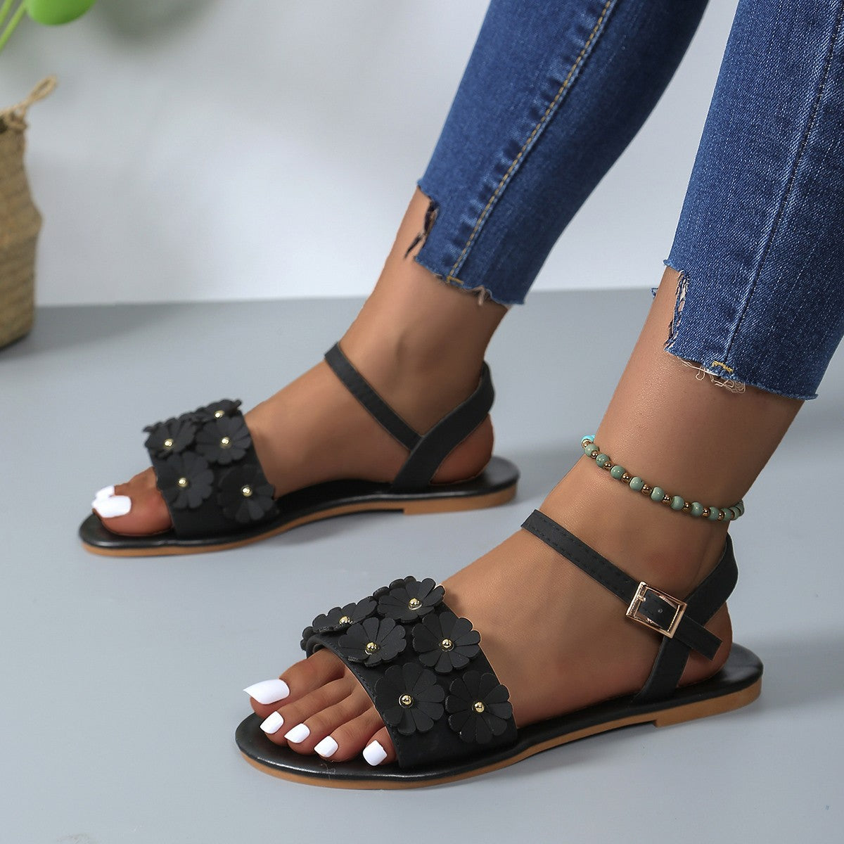 Women's Retro Floral Flat Sandals | Buckle Round-Toe Beach Shoes by Sarah Express
