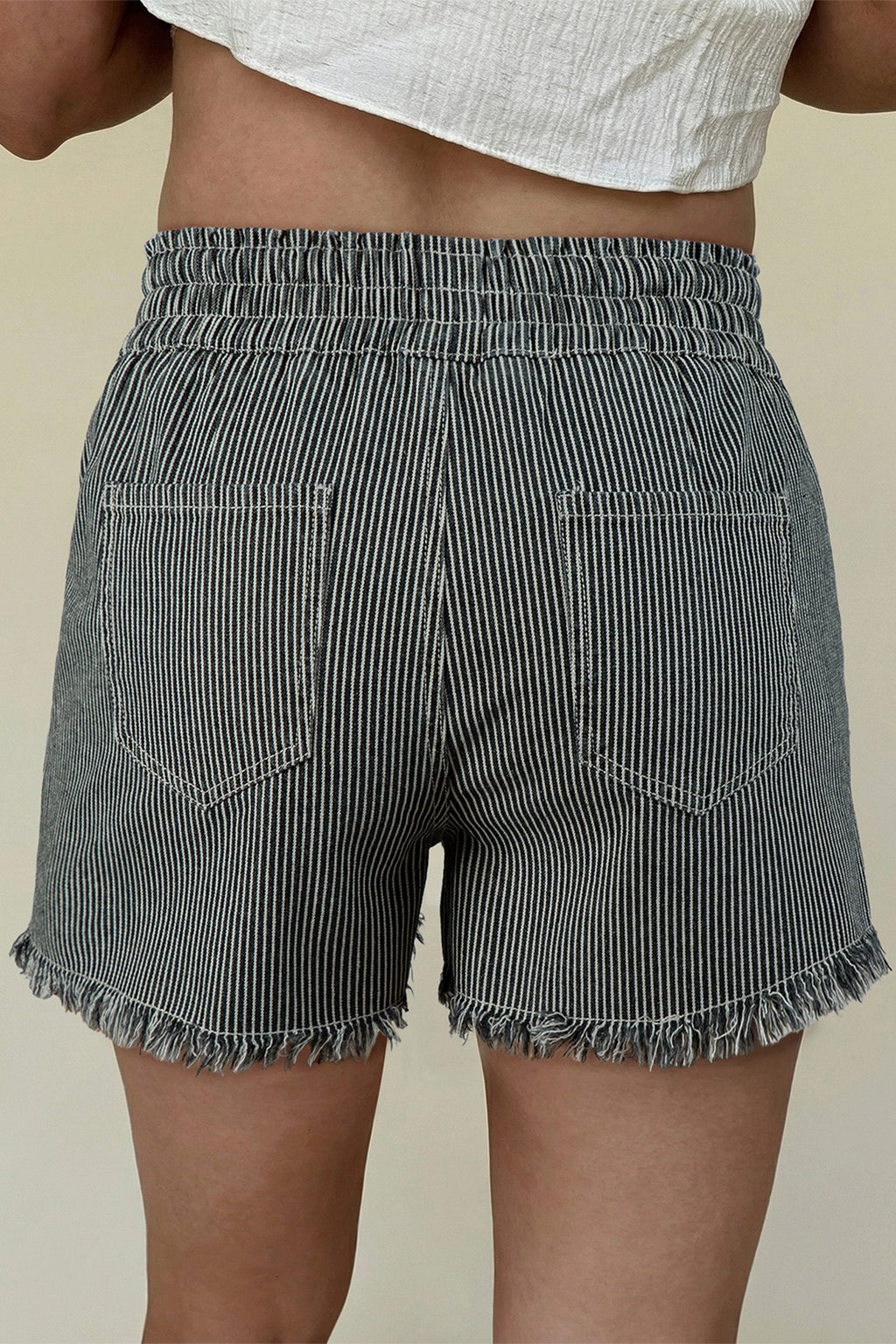 Stripe Denim Raw Edge Drawstring Waist Shorts