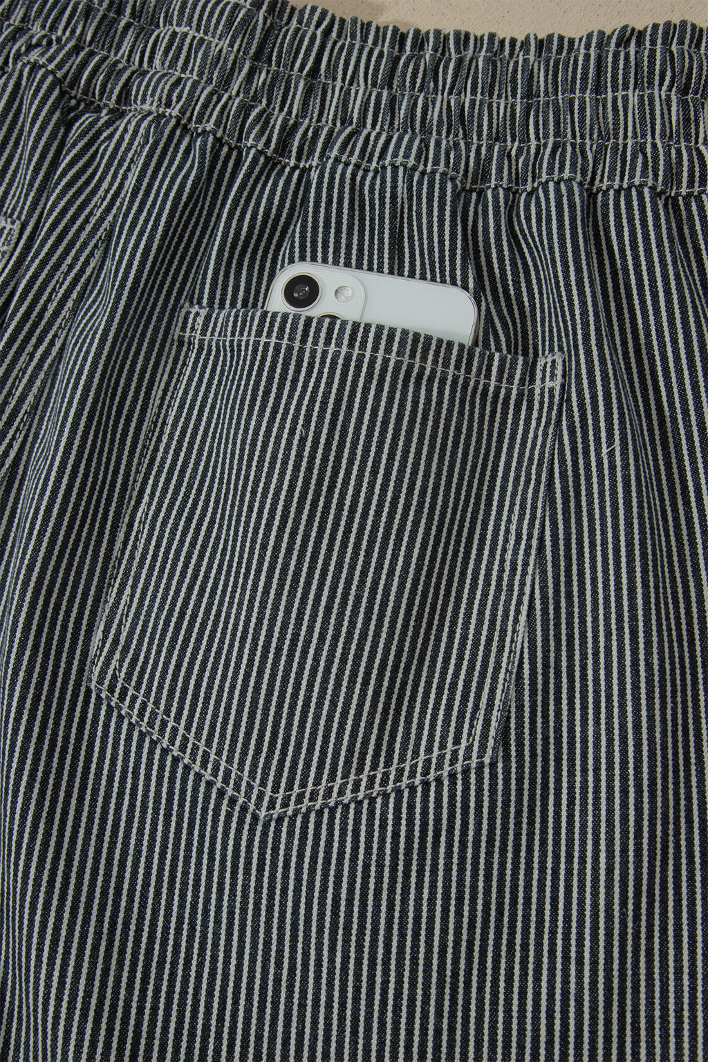 Stripe Denim Raw Edge Drawstring Waist Shorts