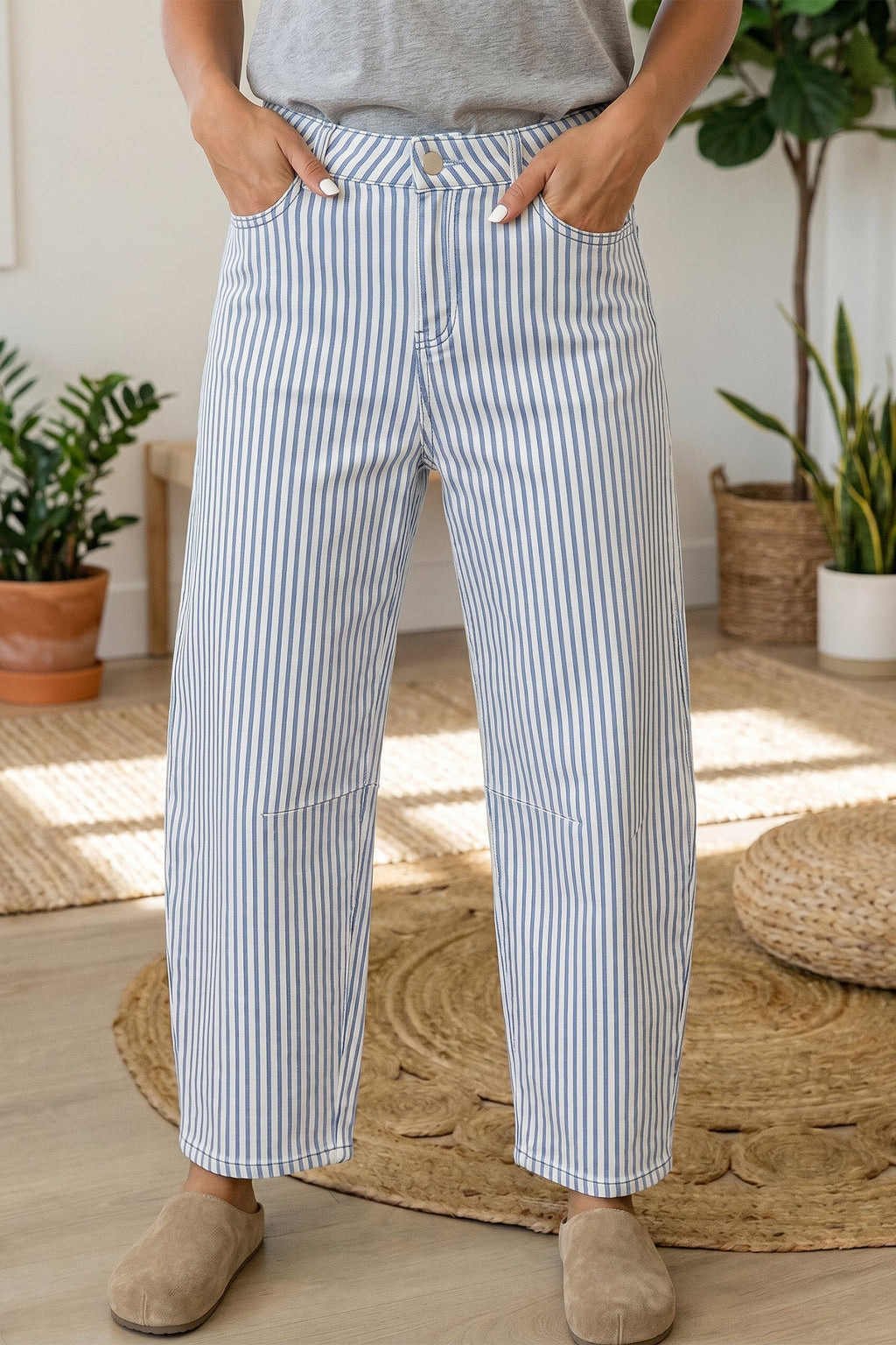 Stripe Denim High Waist Barrel Leg Jeans
