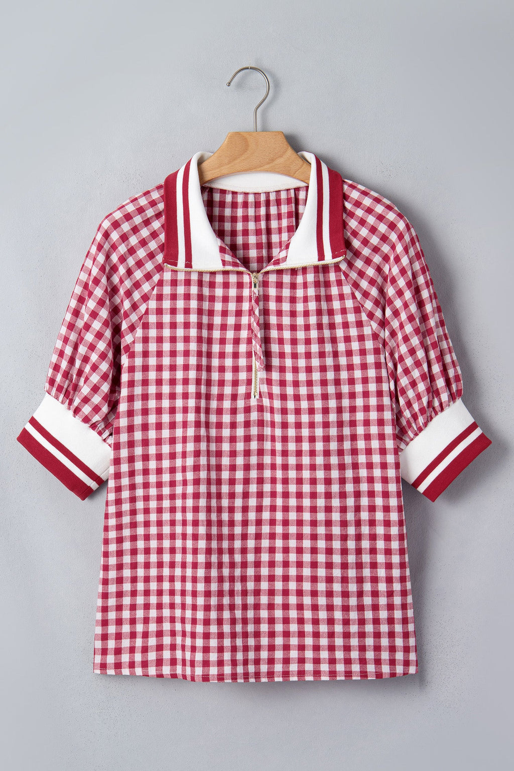 Gingham Stripe Patchwork Half Zip Collared Blouse