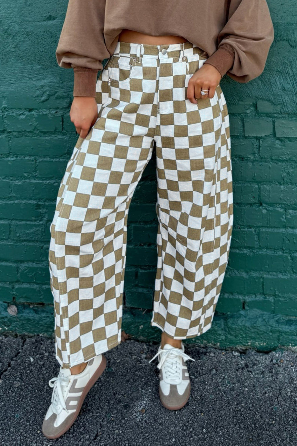 Checker Denim Barrel Leg Pants