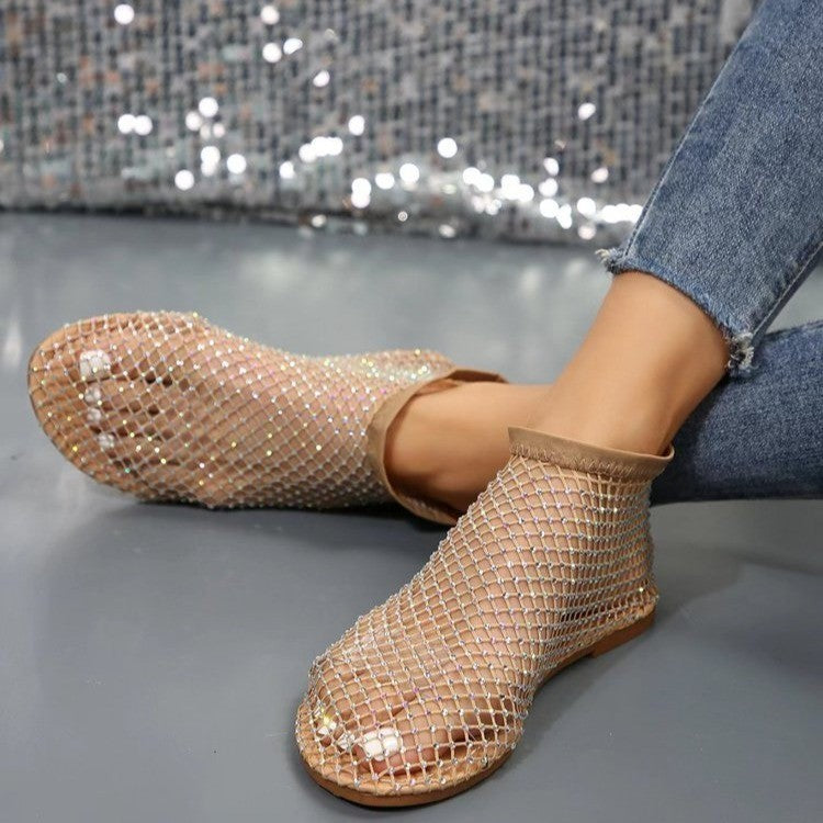 Women's Rhinestone Flat Sandals | Round Toe Mesh Summer Shoes by Sarah Express