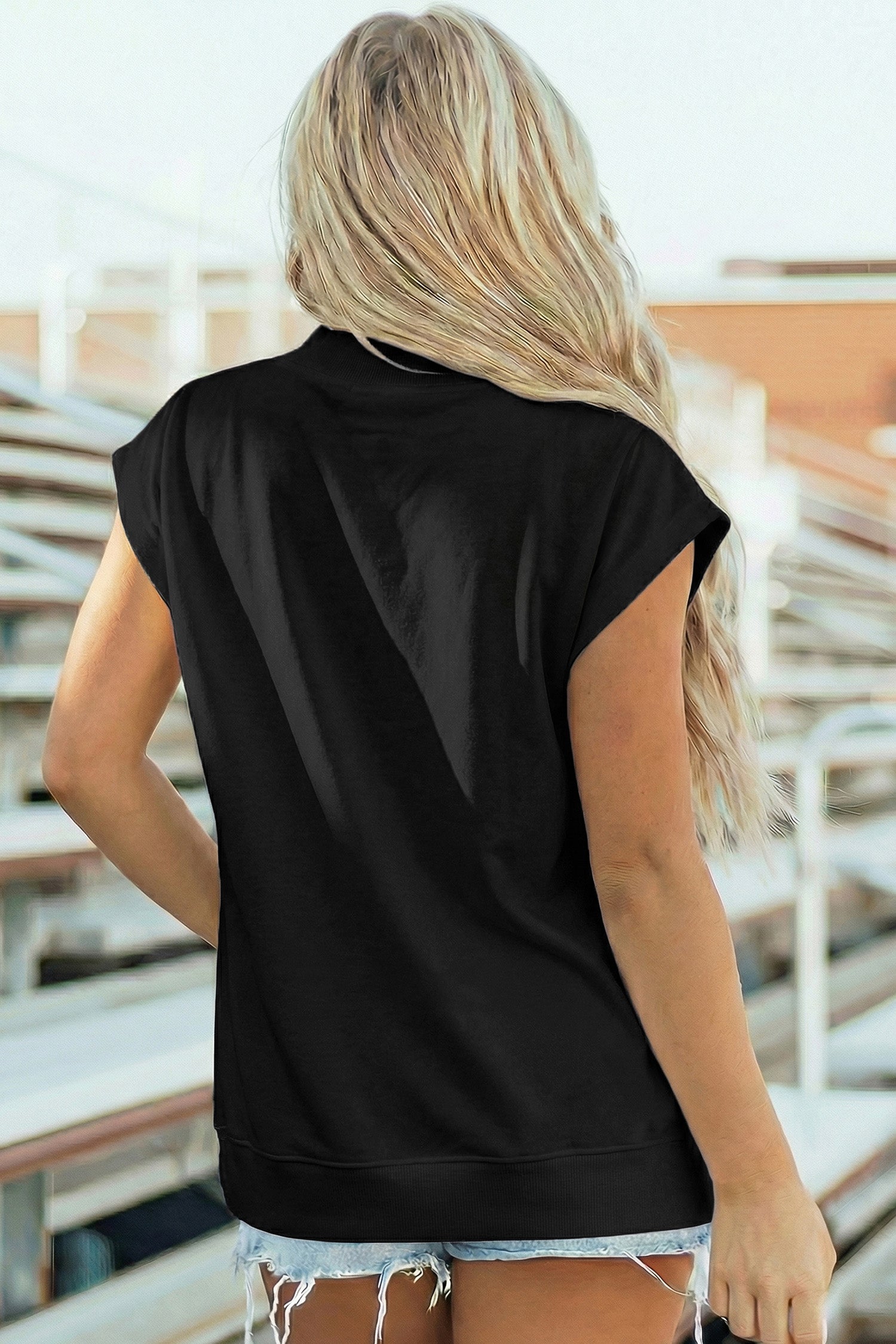 Solid Mock Neck Cap Sleeve Oversized Top