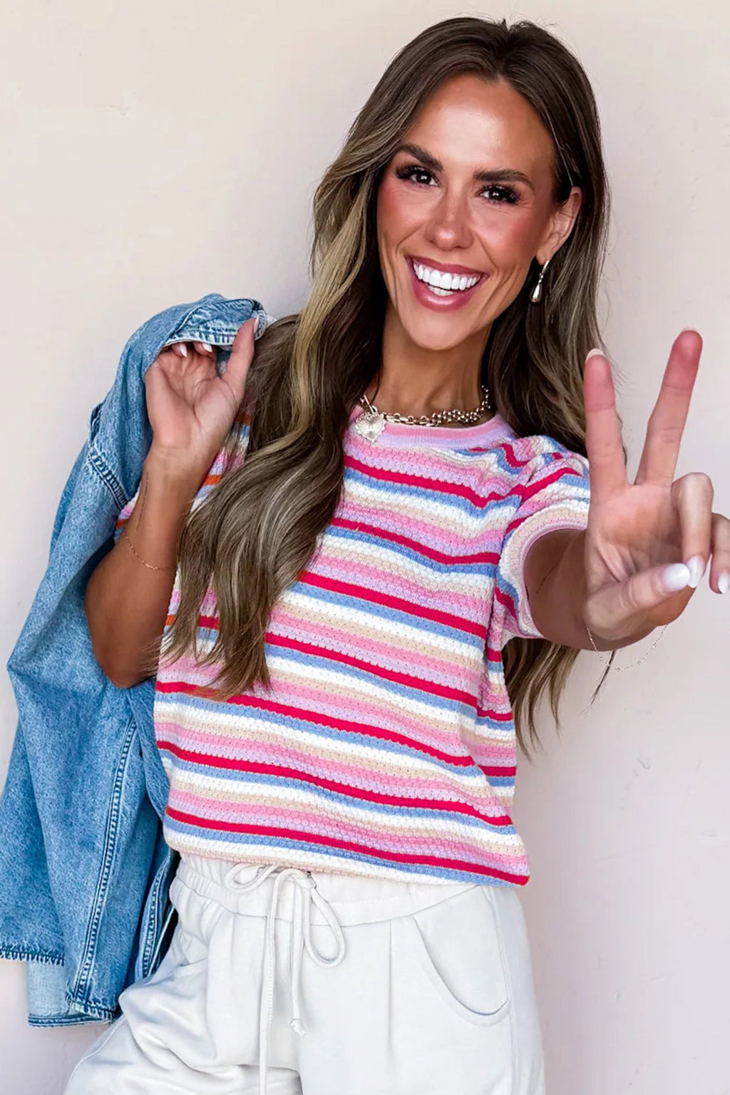 Stripe Textured Knit Short Sleeve Sweater