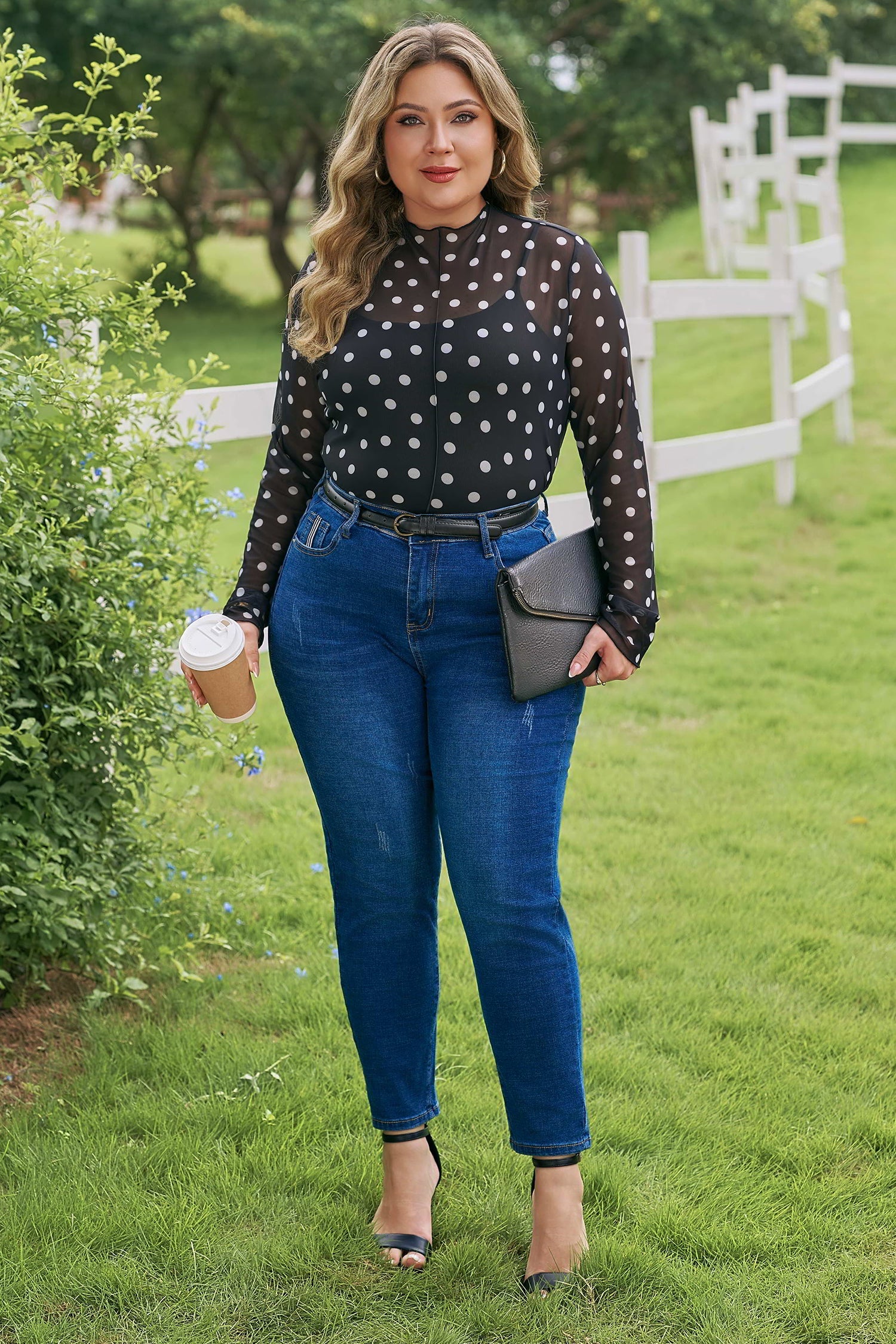 Plus Size Polka Dot Mesh Mock Neck Top