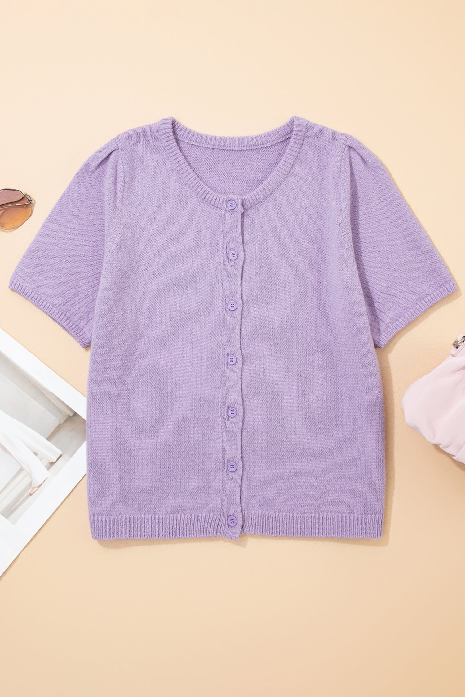Solid Short Sleeve Cardigan Sweater Tee