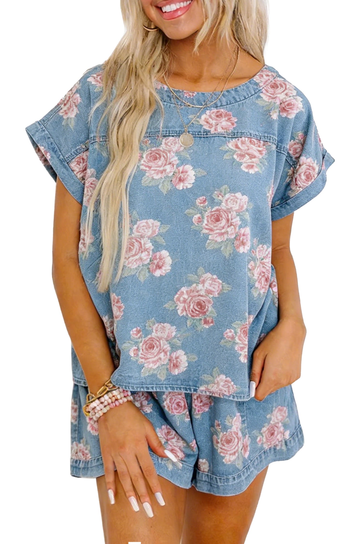 Floral Denim Short Sleeve Top & Loose Shorts Set