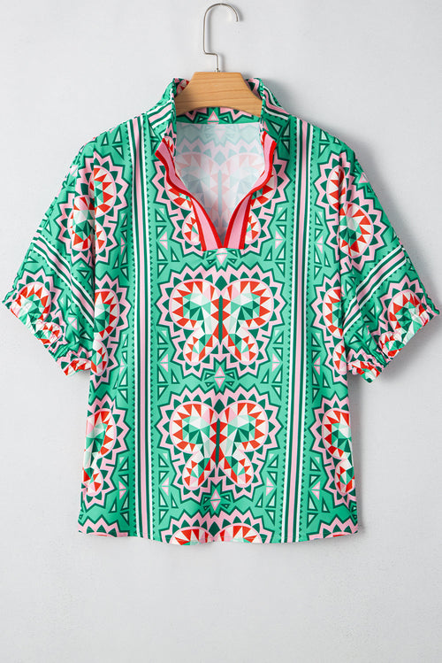Boho Abstract Contrast Stripe Collared V-Neck Blouse