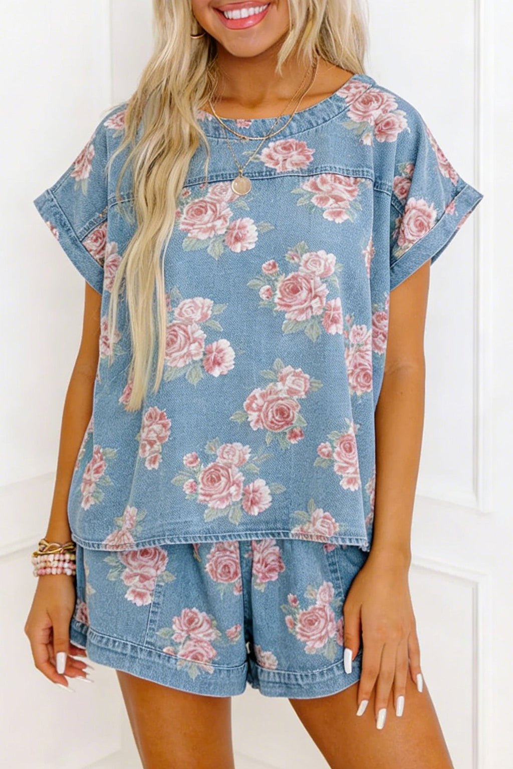 Floral Denim Short Sleeve Top & Loose Shorts Set