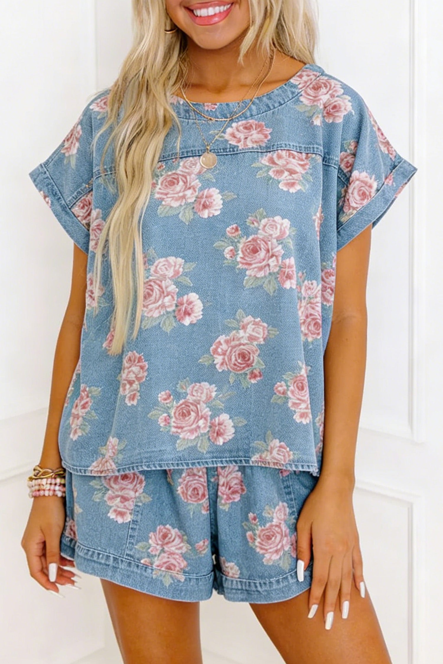 Floral Denim Short Sleeve Top & Loose Shorts Set