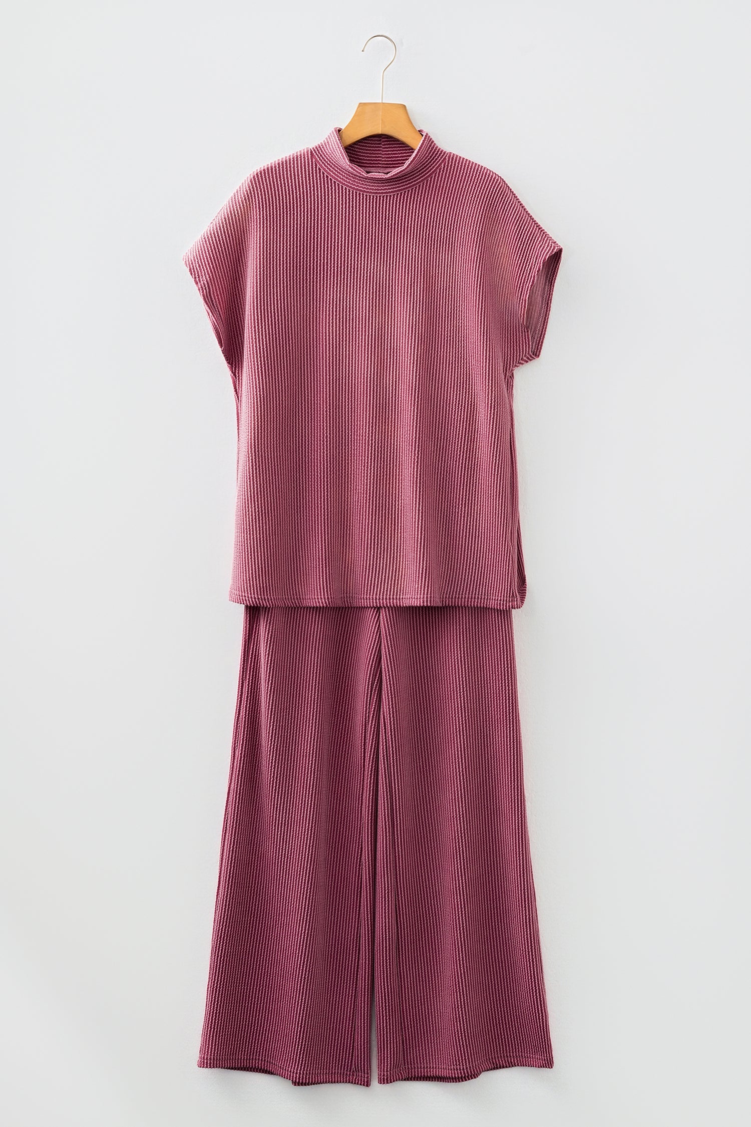 Corded Knit Mock Neck Tee and Pant Set