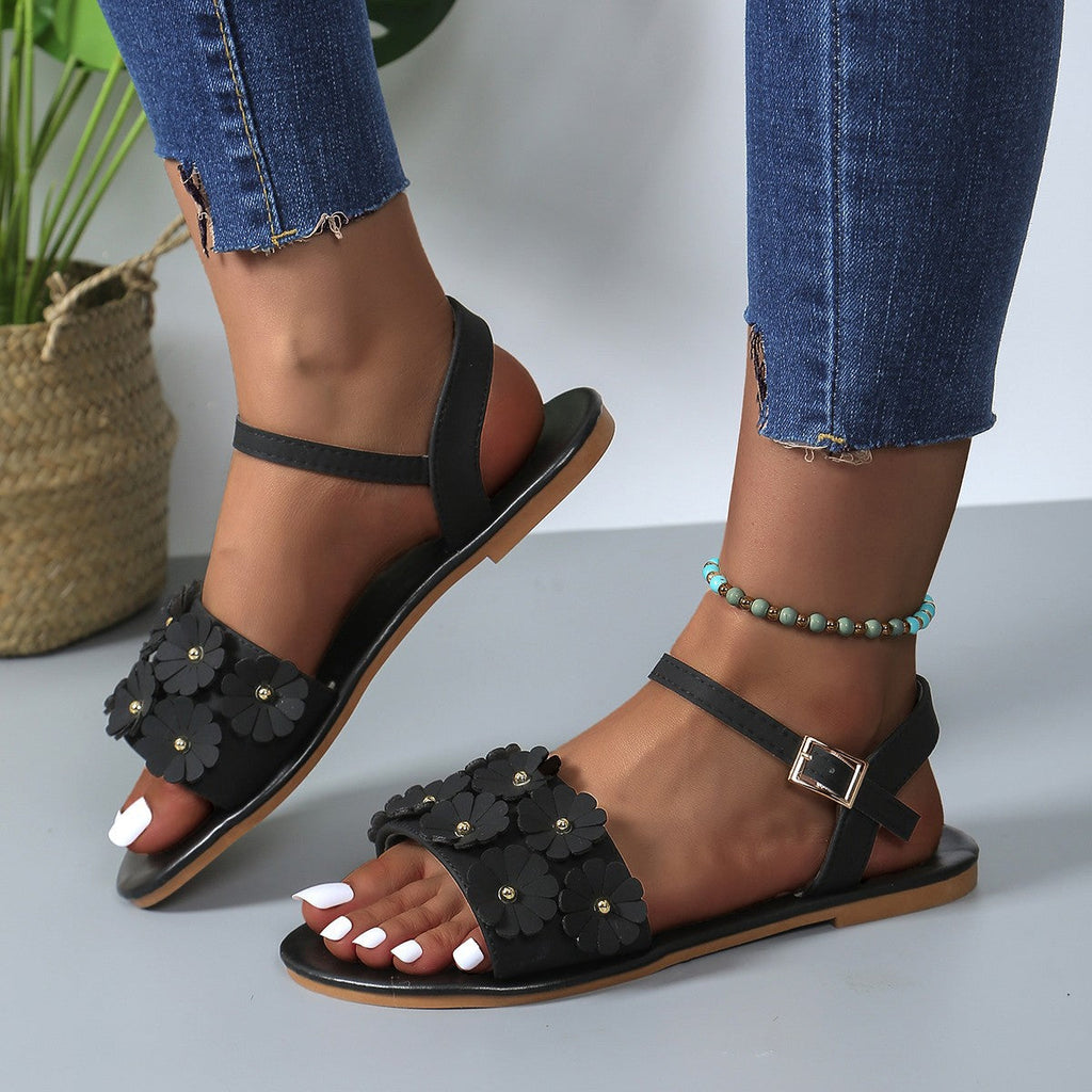Women's Retro Floral Flat Sandals | Buckle Round-Toe Beach Shoes by Sarah Express