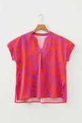 Abstract V-Neck Cuffed Short Sleeve Blouse