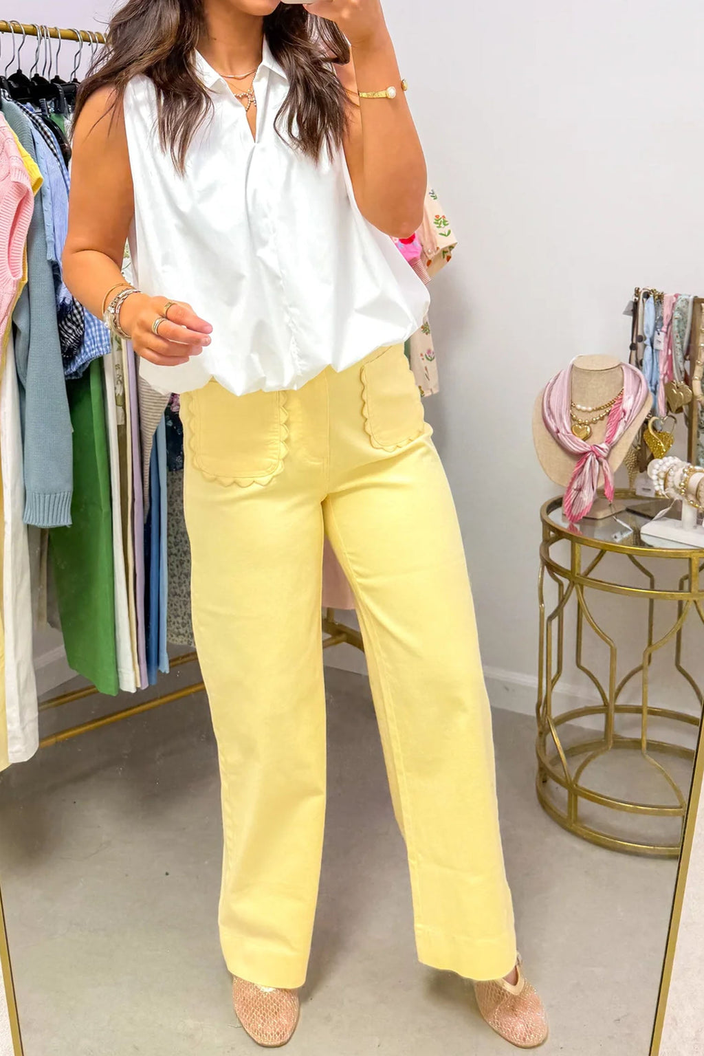 Solid Denim Scalloped Patch Pocket Shift Jeans