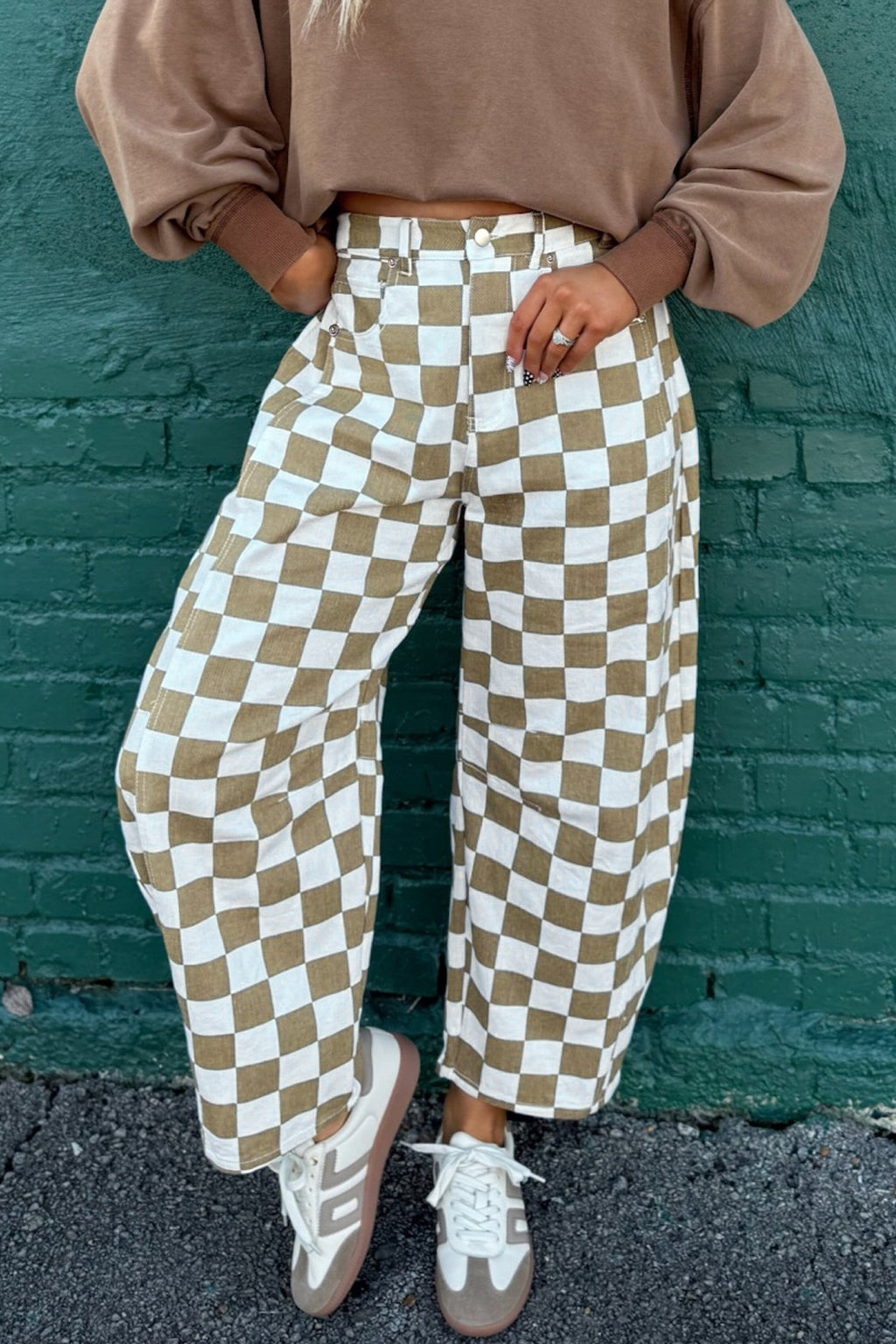 Checker Denim Barrel Leg Pants