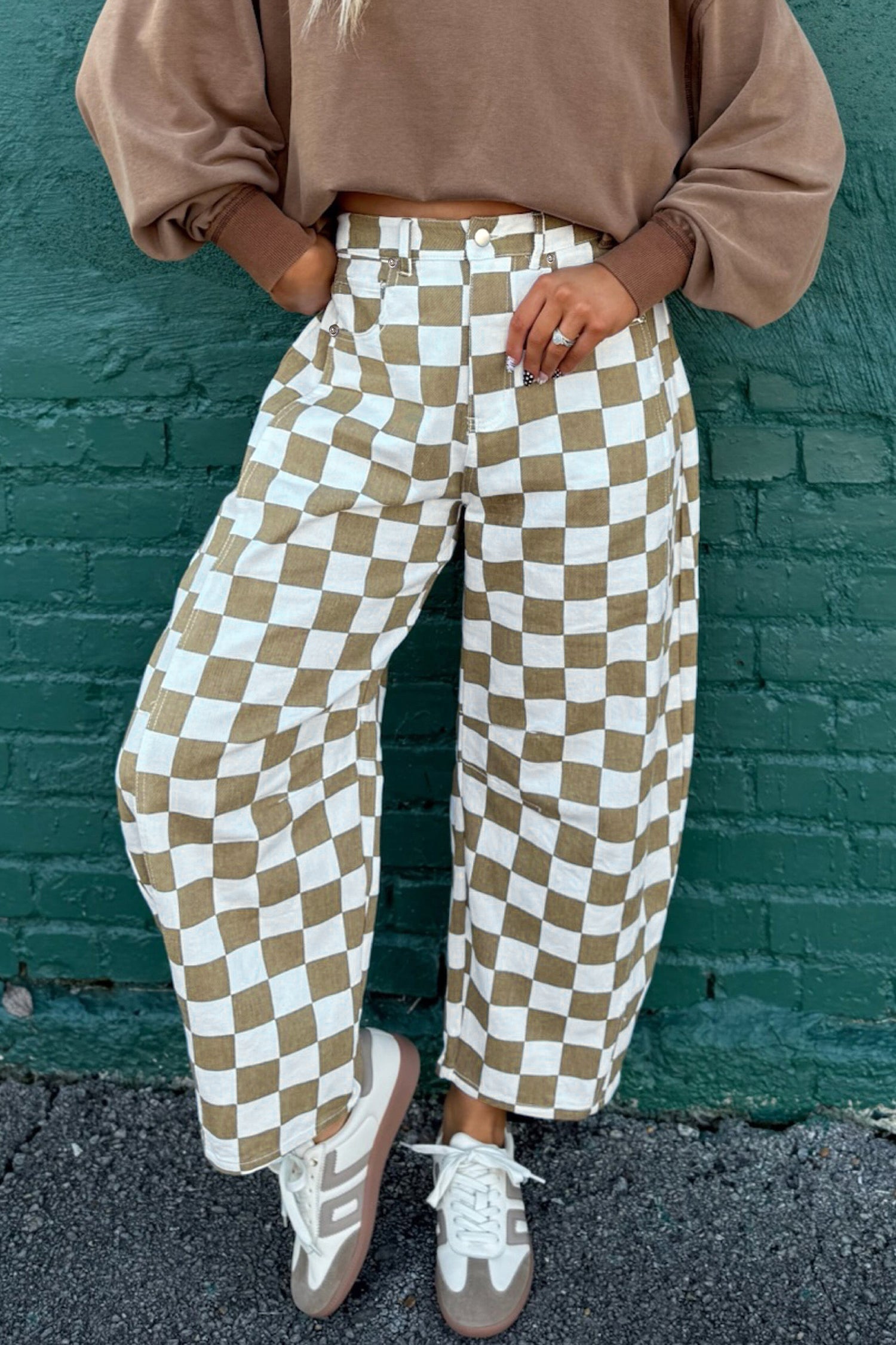 Checker Denim Barrel Leg Pants