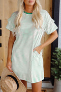Stripe Ruffle Sleeve Crewneck T-Shirt Mini Dress