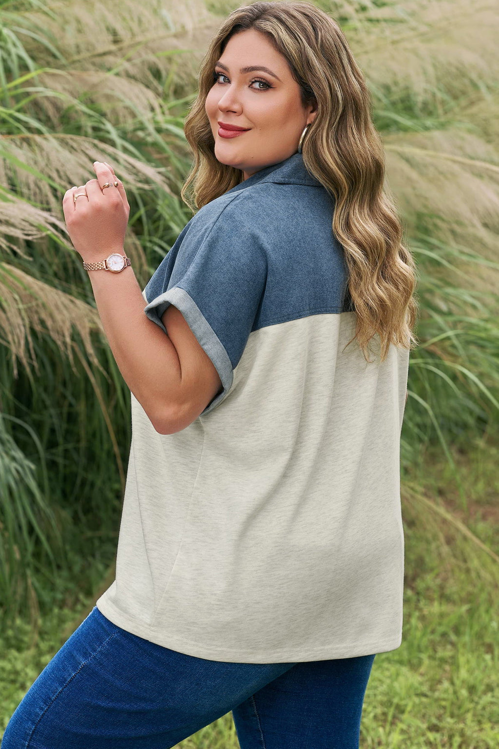 Plus Size Denim Patchwork Half Buttoned Collar Top
