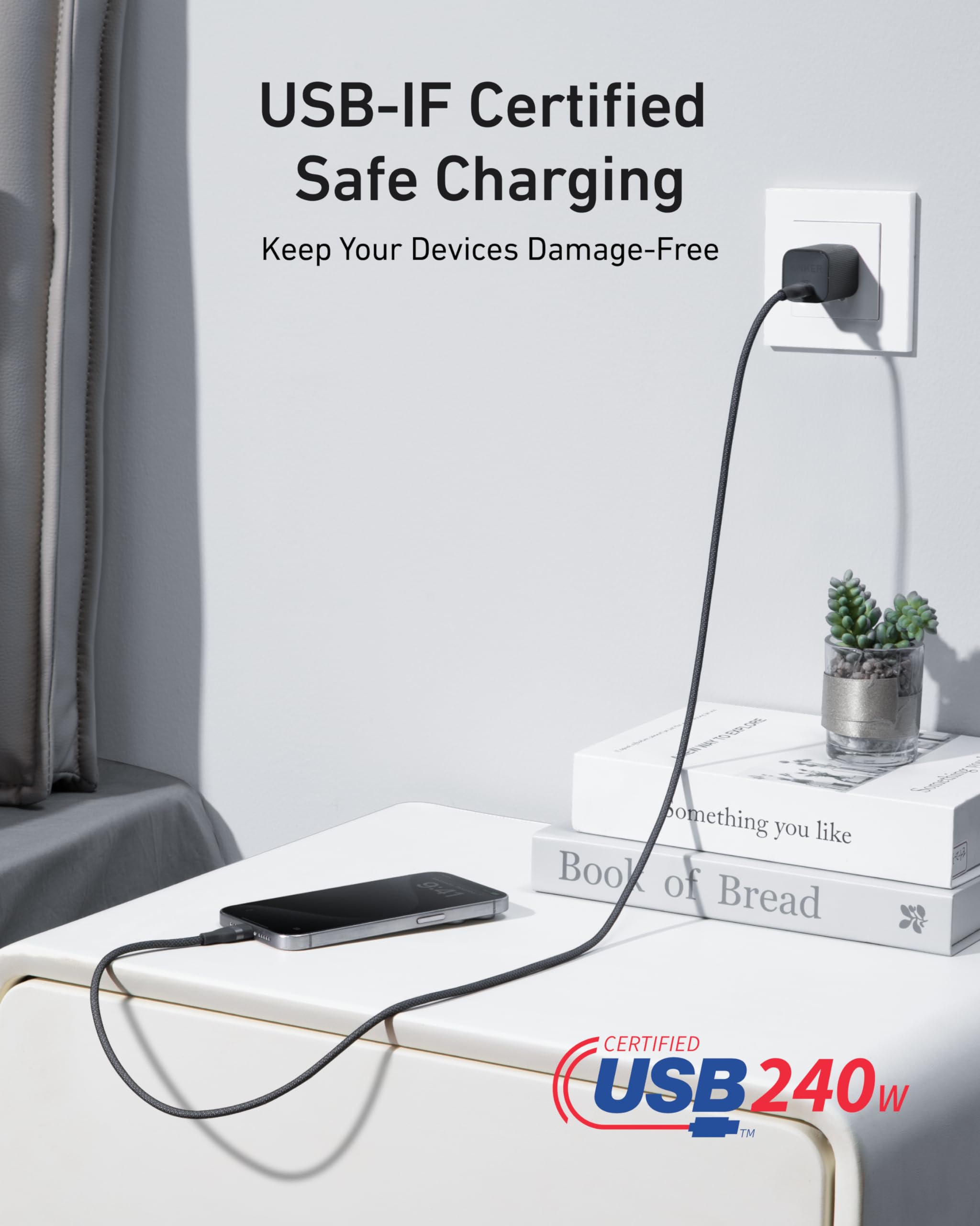 Anker USB-C to USB-C Cable (3 ft / 6 ft, 240W, Upcycled-Braided) by Anker