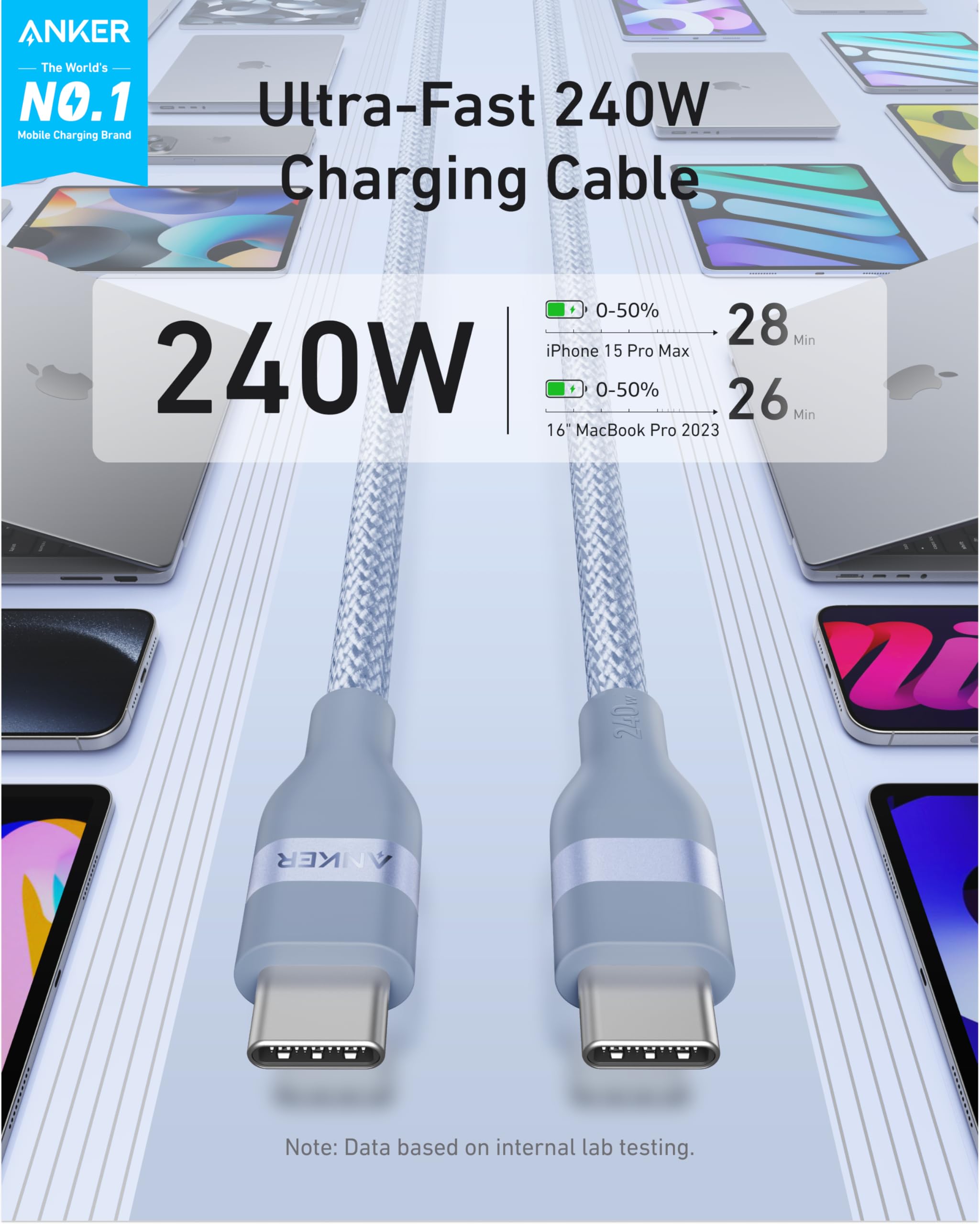 Anker USB-C to USB-C Cable (3 ft / 6 ft, 240W, Upcycled-Braided) by Anker