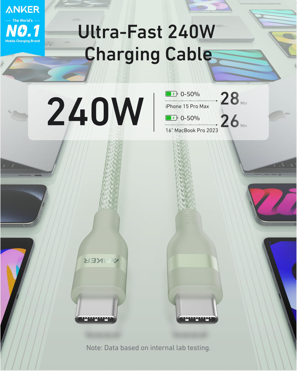 Anker USB-C to USB-C Cable (3 ft / 6 ft, 240W, Upcycled-Braided) by Anker