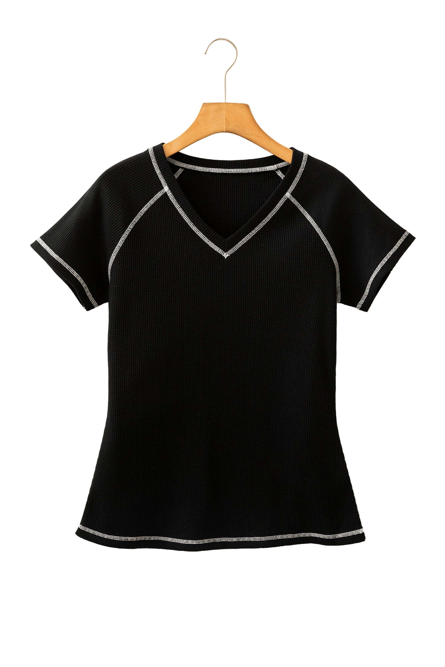 Waffle Textured Contrast Trim V-Neck Tee