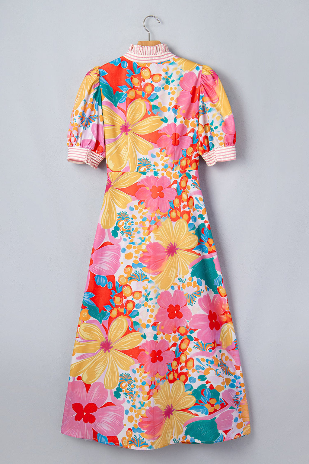Floral Stripe Trim Puff Sleeve Buttoned Maxi Dress