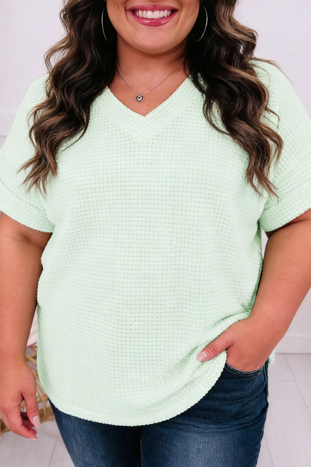 Plus Size Solid Waffle Knit V-Neck Short Sleeve Top