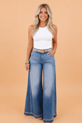 Denim Gathered Side Seam Flare Leg Pants by Pretty Bash