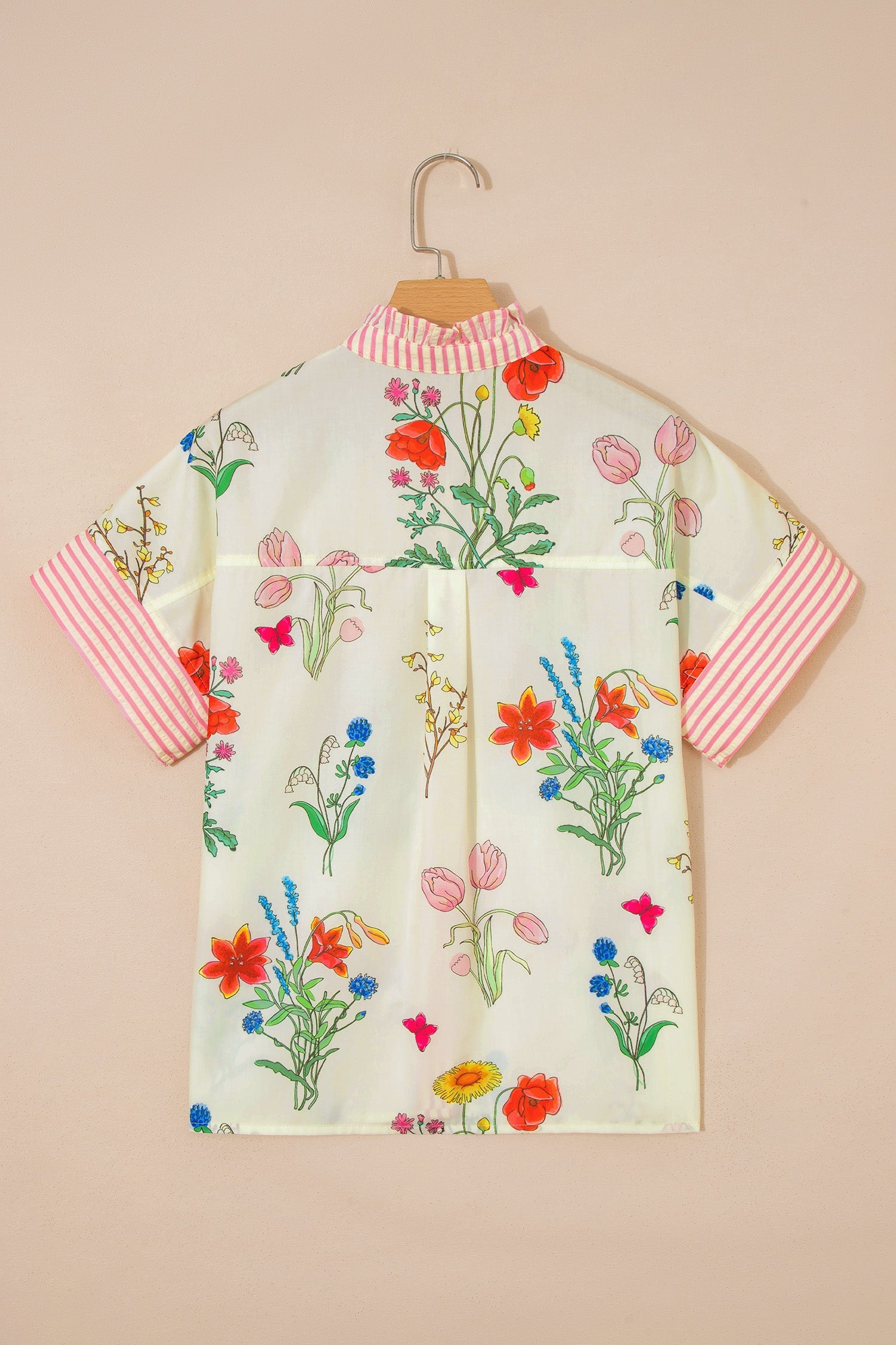 Floral Stripe Patchwork Ruffled Collar Shirt