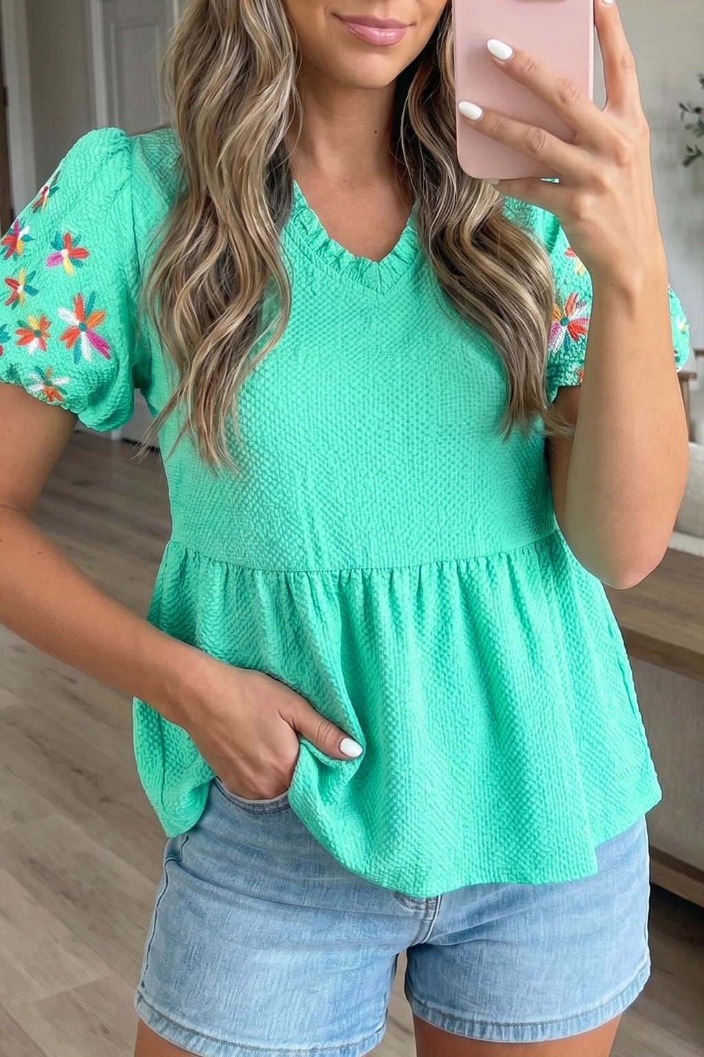 Flower Embroidered Puff Sleeve Frilled V-Neck Blouse