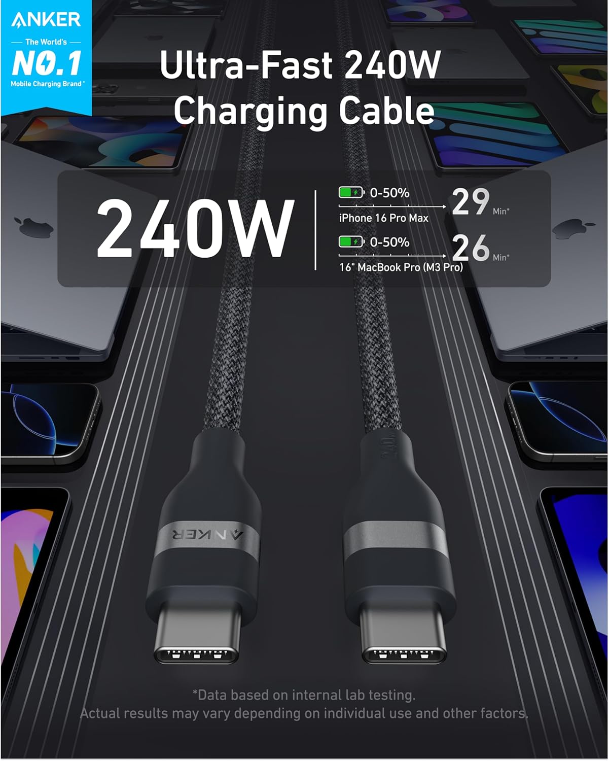 Anker USB-C to USB-C Cable (3 ft / 6 ft, 240W, Upcycled-Braided) by Anker