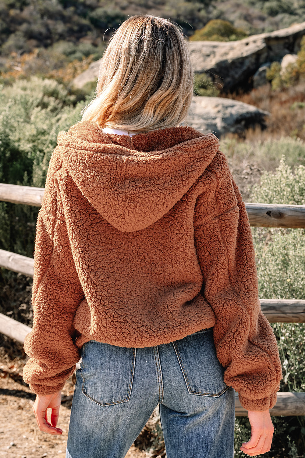 Solid Sherpa Fleece Zip Up Hooded Jacket