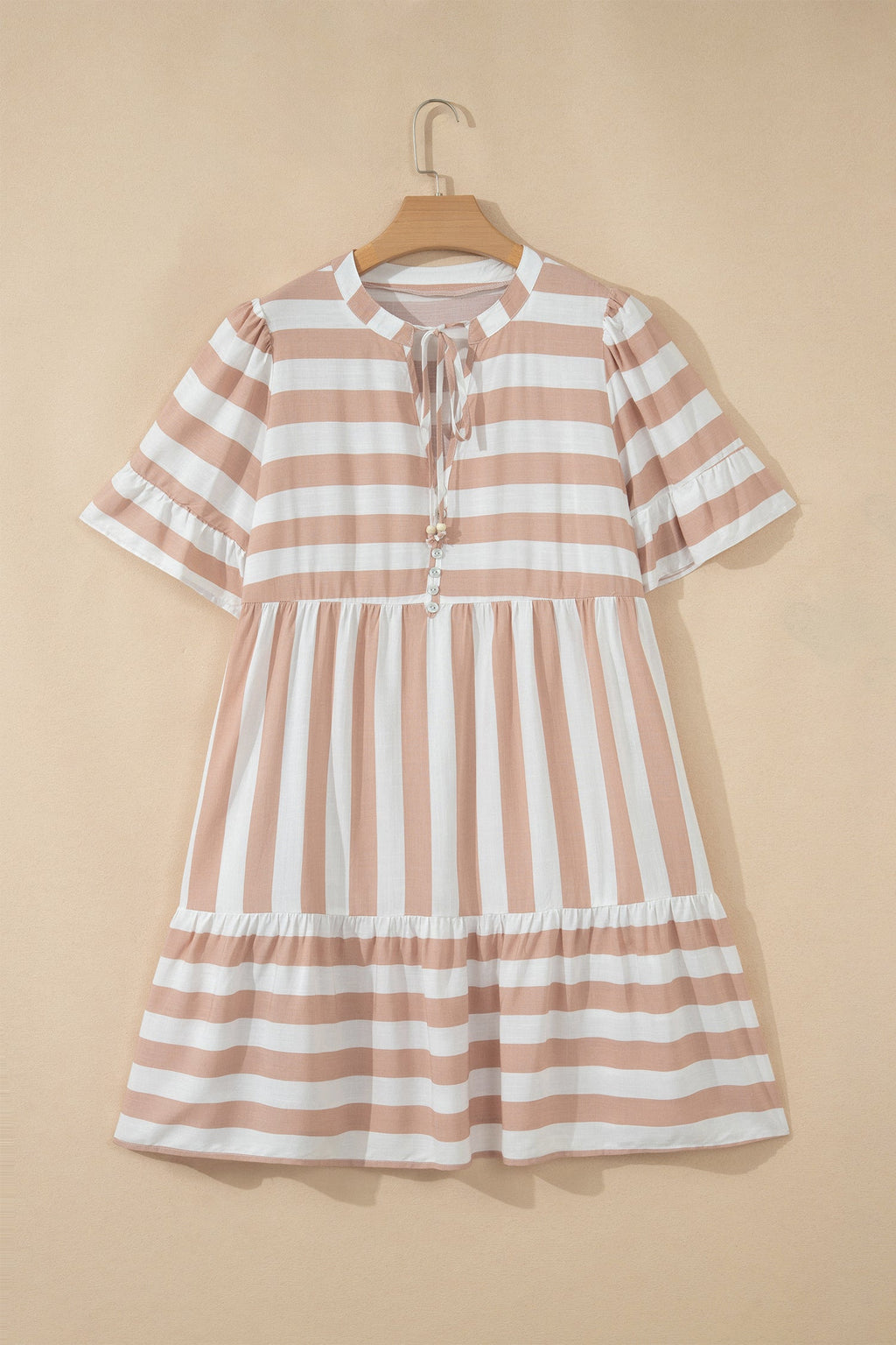 Stripe Tie V-Neck Ruffle Trim Mini Dress