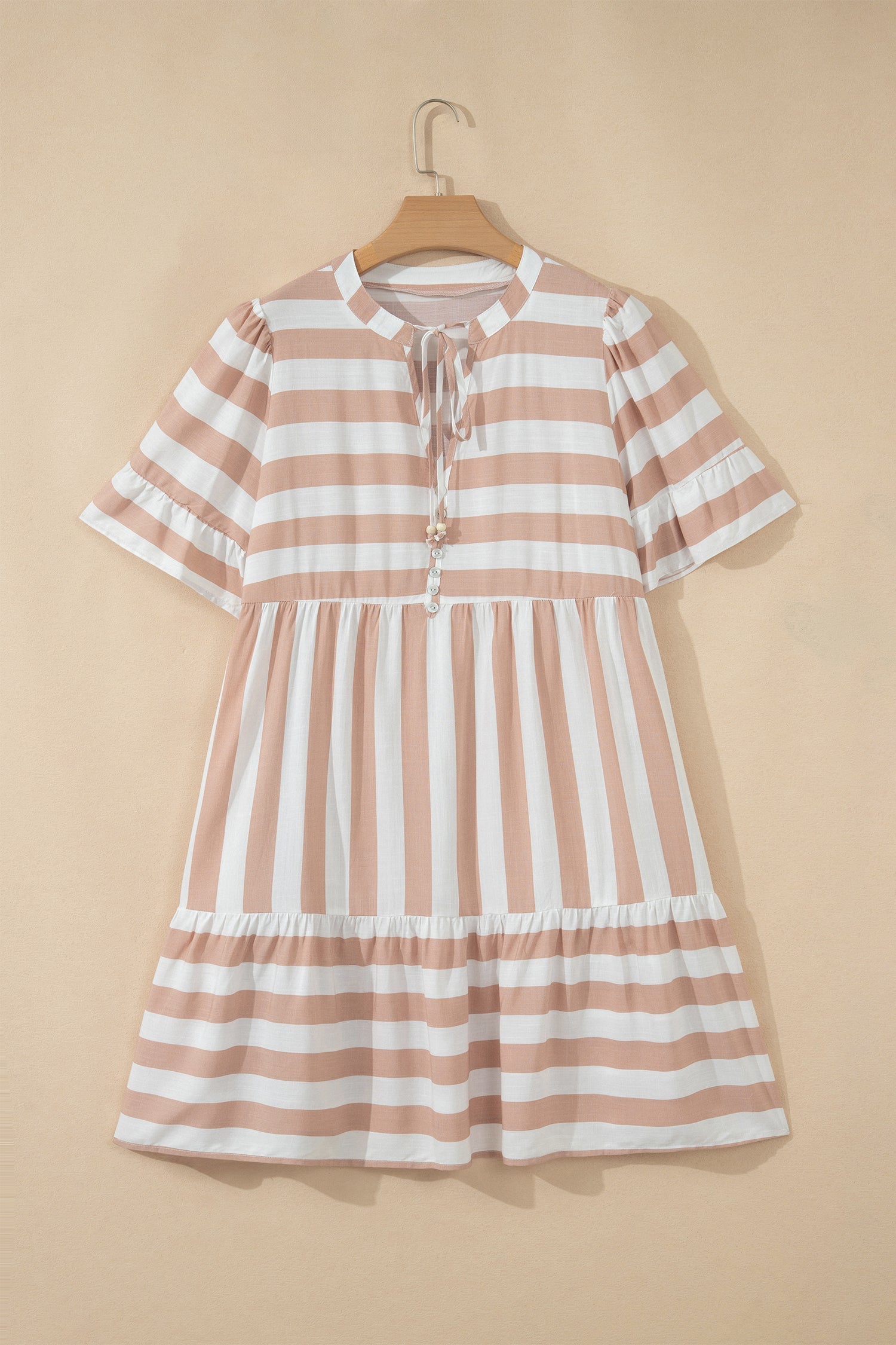 Stripe Tie V-Neck Ruffle Trim Mini Dress