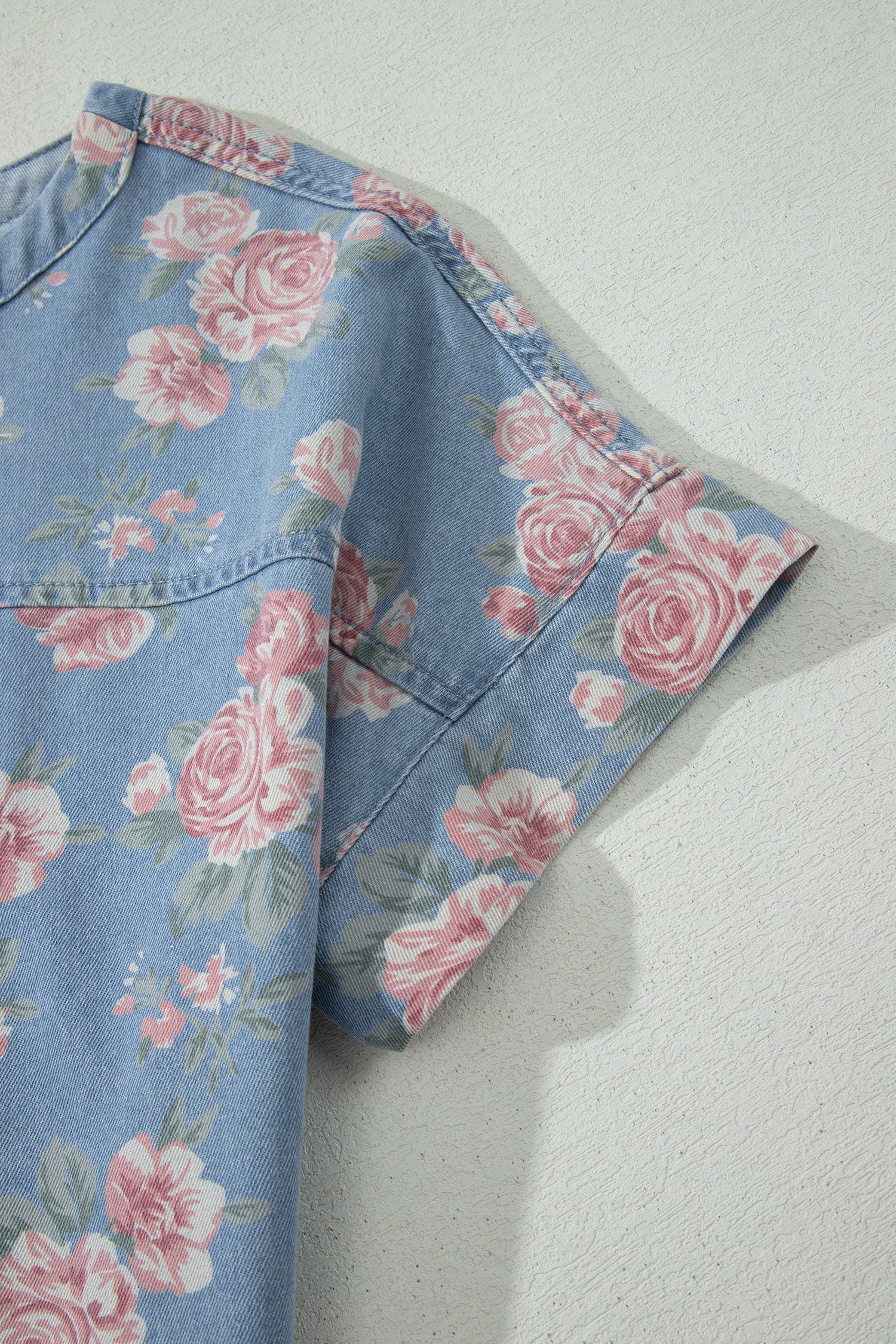 Floral Denim Short Sleeve Top & Loose Shorts Set
