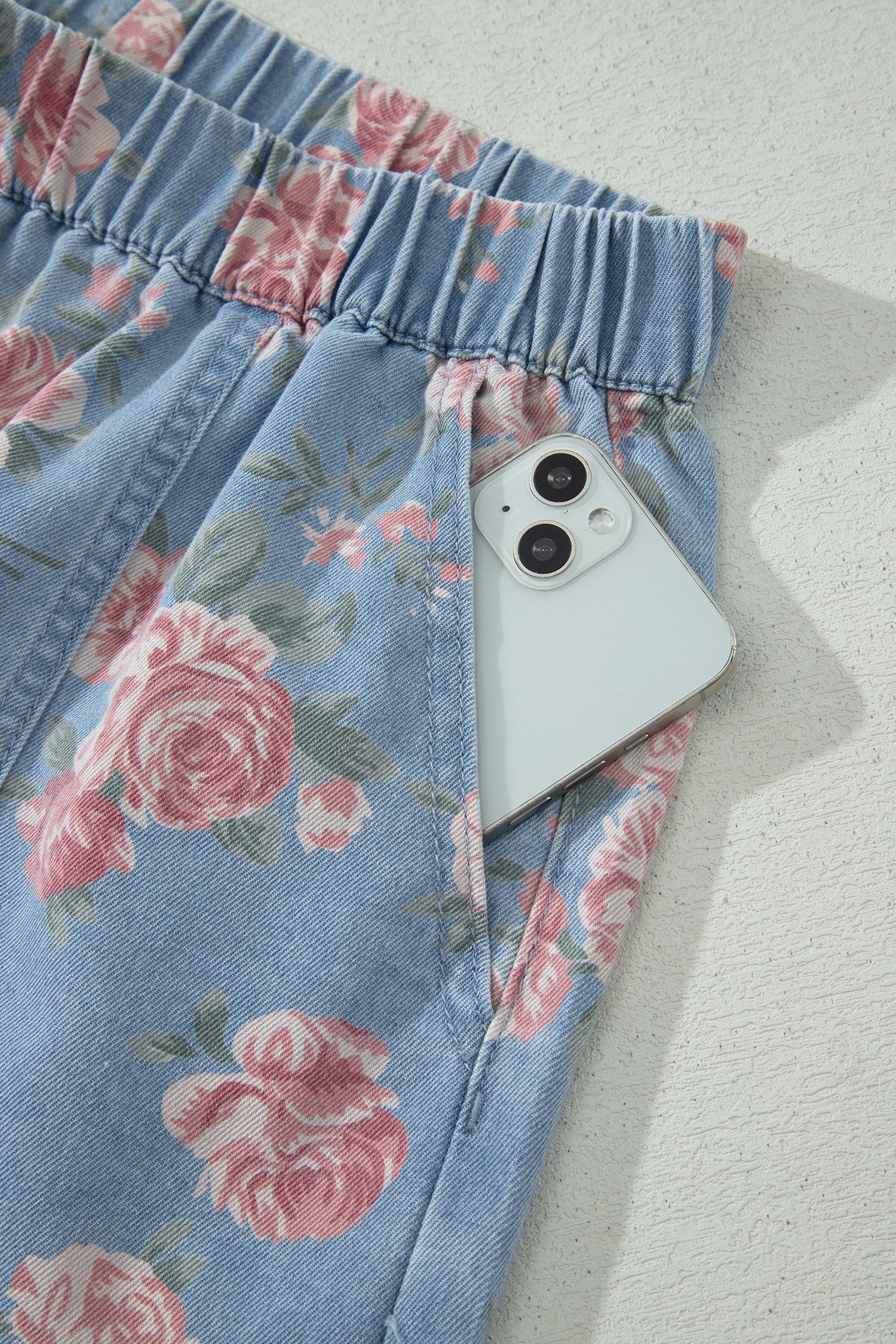 Floral Denim Short Sleeve Top & Loose Shorts Set