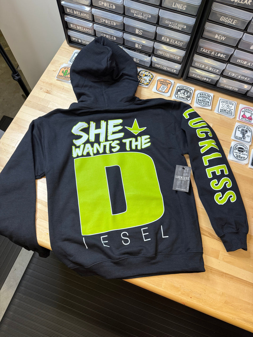 She Wants the Diesel | Funny Men's and Women's Black Country Hoodie by Luckless Outfitters
