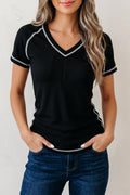 Waffle Textured Contrast Trim V-Neck Tee