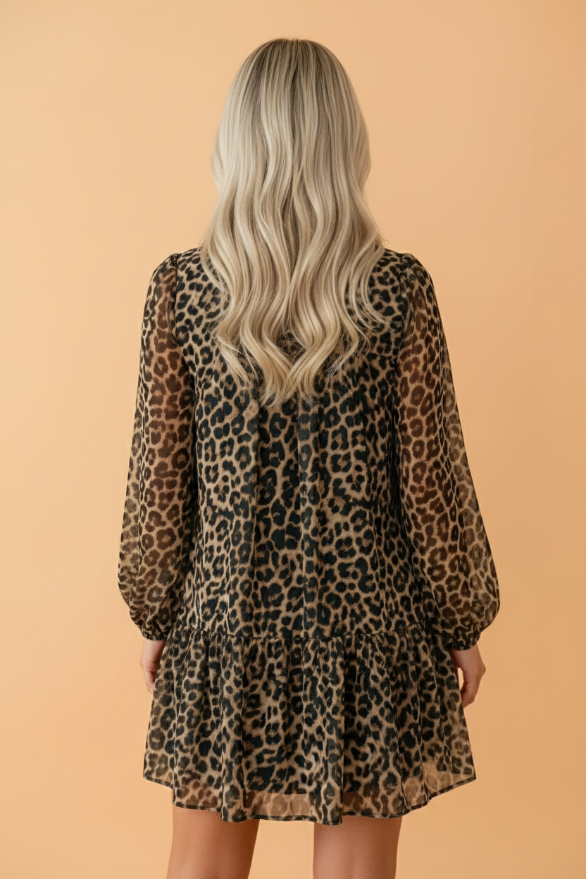Leopard Long Sleeve Shift Mini Dress