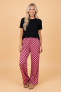 Checker Elastic Waist Wide Leg Pants