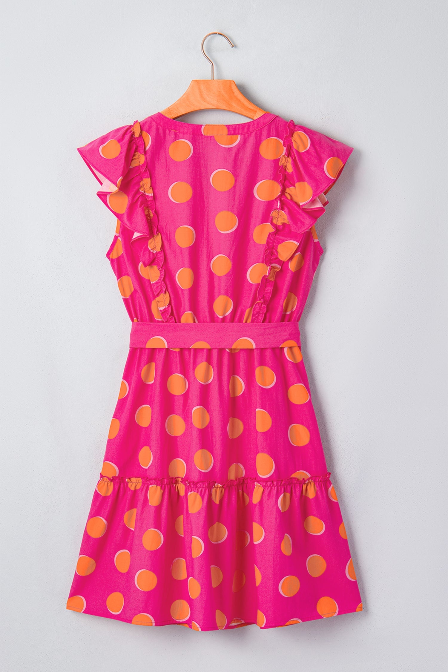 Polka Dot V-Neck Ruffle Belted Mini Dress