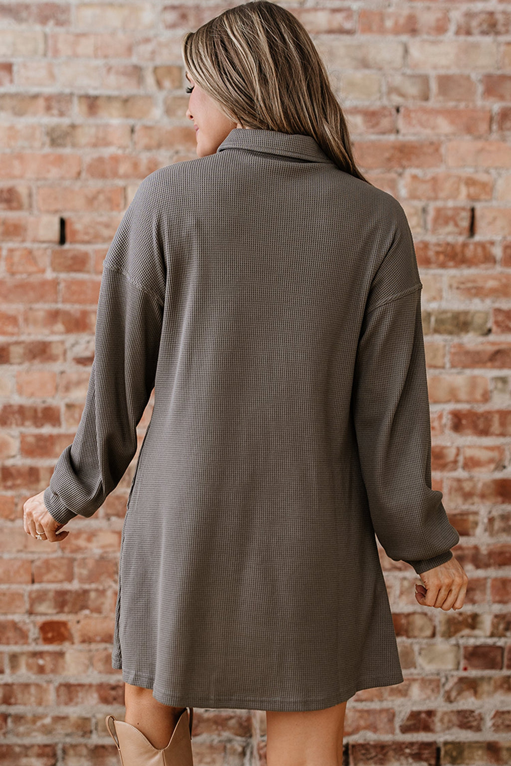 Waffle Knit Pleated Drop Shoulder Shirt Dress