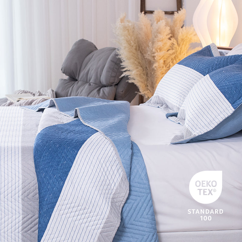 Kasentex Spring Lightweight Reversible Stripe Quilt Set Bedding- Sky Blue and Ivory White, Room Decor, Graduation Gifts, Father's Day Gift by Kasentex
