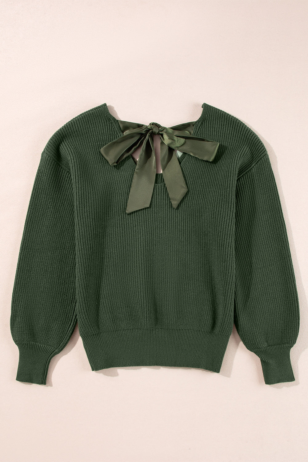 Bow Back Lantern Sleeve V-Neck Sweater