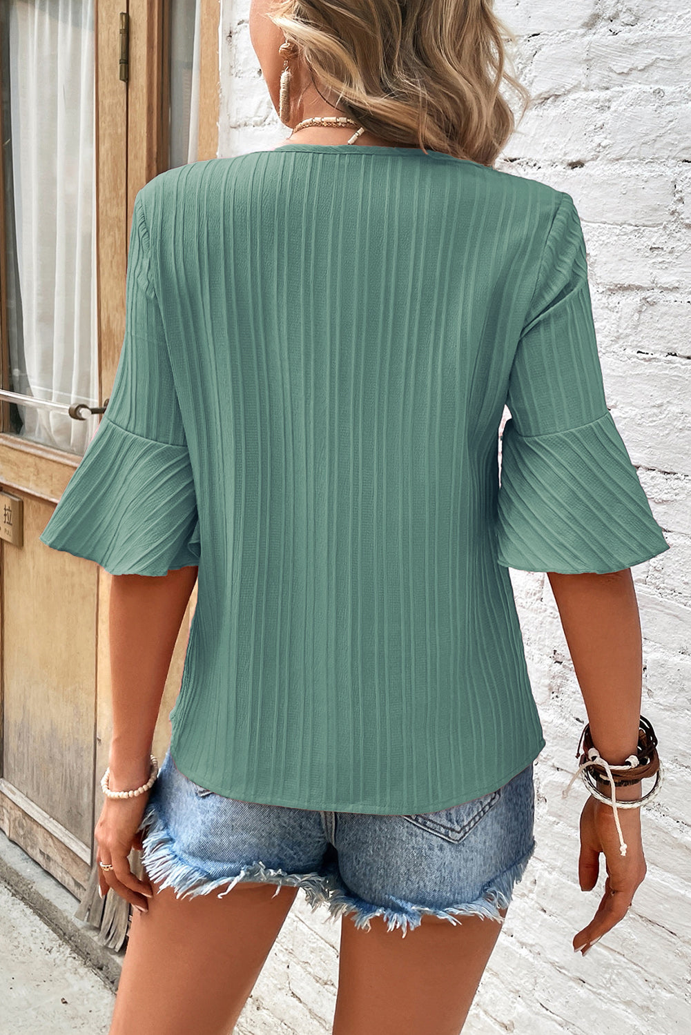 Grass Green Ruffled Half Sleeve V Neck Textured Top by Wild and Free Boutique